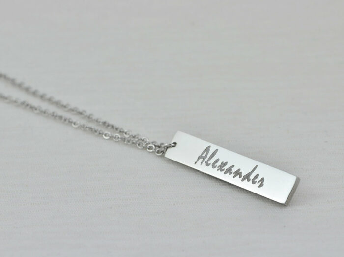 Personalised Name Bar Necklace, Name Engraved Rectangle Necklace, Initials Personalised Charm Tag Necklace, Customised Silver Necklace