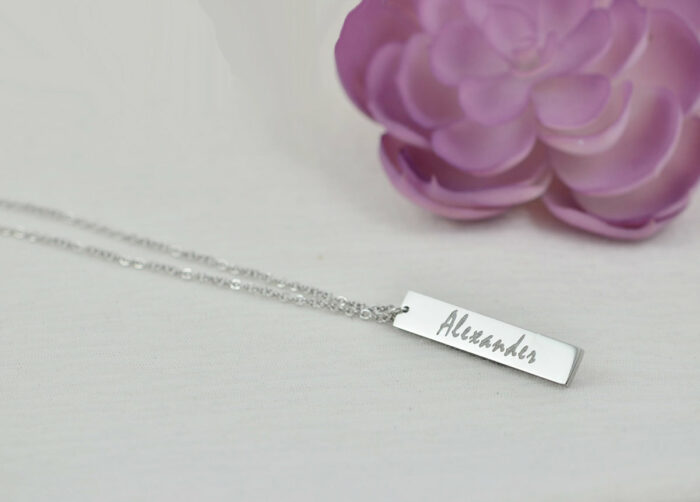 Personalised Name Bar Necklace, Name Engraved Rectangle Necklace, Initials Personalised Charm Tag Necklace, Customised Silver Necklace