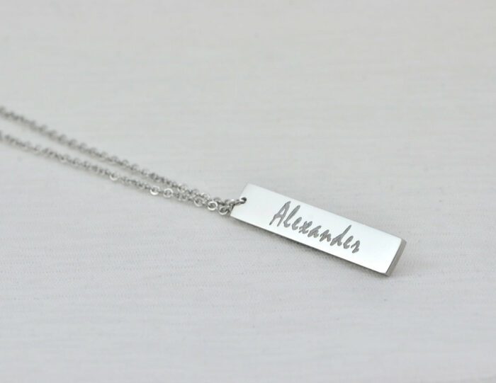 Personalised Name Bar Necklace, Name Engraved Rectangle Necklace, Initials Personalised Charm Tag Necklace, Customised Silver Necklace