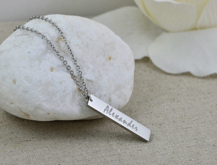 Personalised Name Bar Necklace, Name Engraved Rectangle Necklace, Initials Personalised Charm Tag Necklace, Customised Silver Necklace