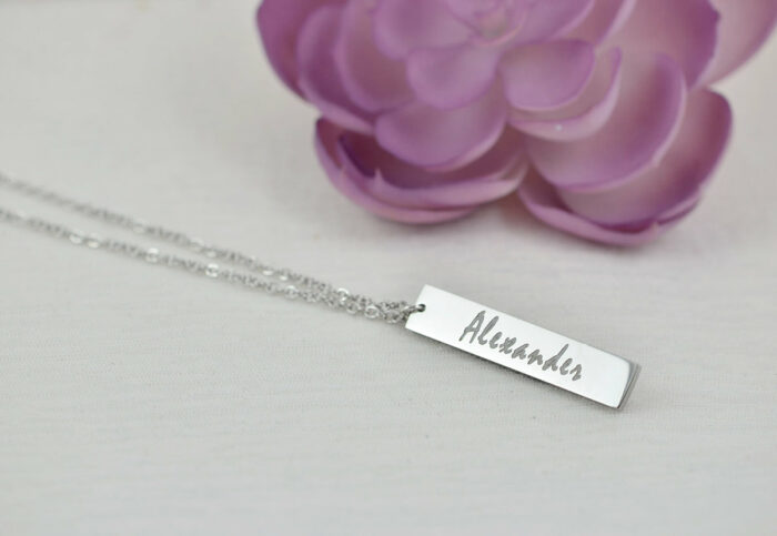 Personalised Name Bar Necklace, Name Engraved Rectangle Necklace, Initials Personalised Charm Tag Necklace, Customised Silver Necklace