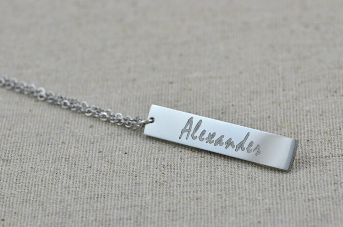 Personalised Name Bar Necklace, Name Engraved Rectangle Necklace, Initials Personalised Charm Tag Necklace, Customised Silver Necklace