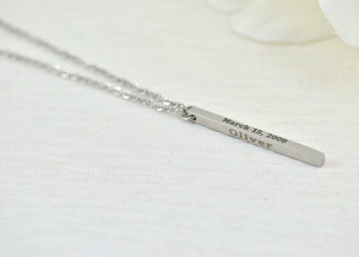 Personalised Name Bar Necklace, Silver Name Engraved Rectangle Necklace, Initials 3D Charm Bar Necklace, Customised Stainless Steel Necklace