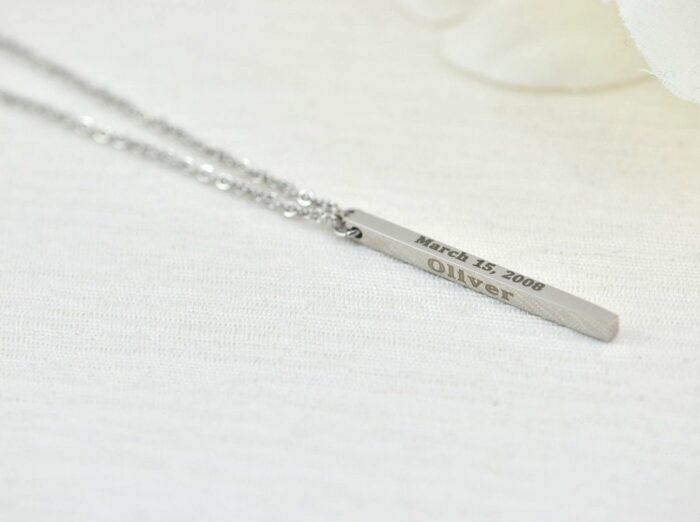 Personalised Name Bar Necklace, Silver Name Engraved Rectangle Necklace, Initials 3D Charm Bar Necklace, Customised Stainless Steel Necklace