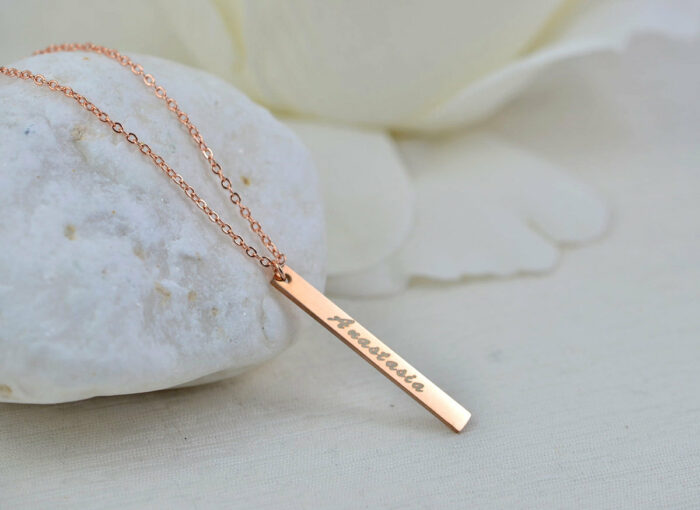 Personalised Name Bar Rosegold Necklace, Engraved Rectangle Bar Necklace, Bridesmaids Initials Charm Necklace, Customised roseglad Necklace