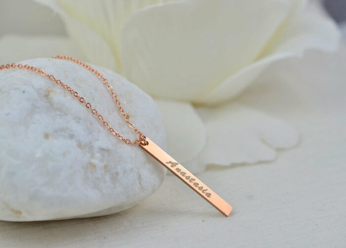 Personalised Name Bar Rosegold Necklace, Engraved Rectangle Bar Necklace, Bridesmaids Initials Charm Necklace, Customised roseglad Necklace