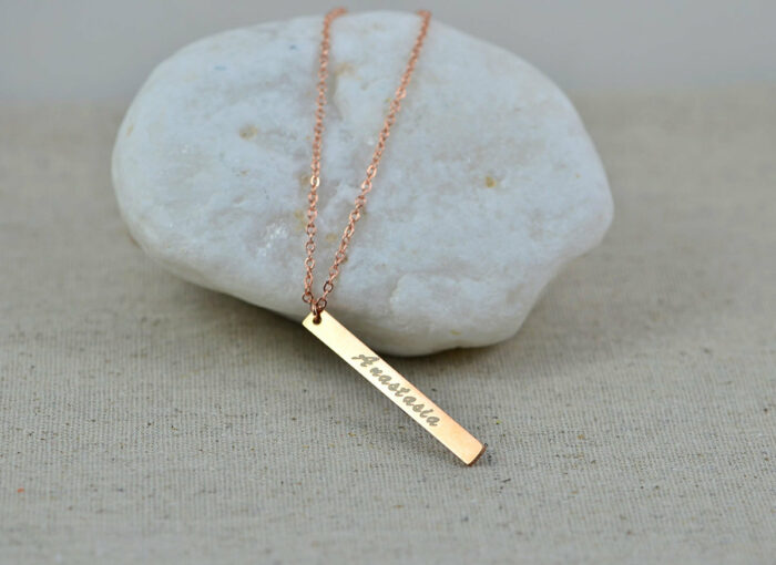 Personalised Name Bar Rosegold Necklace, Engraved Rectangle Bar Necklace, Bridesmaids Initials Charm Necklace, Customised roseglad Necklace