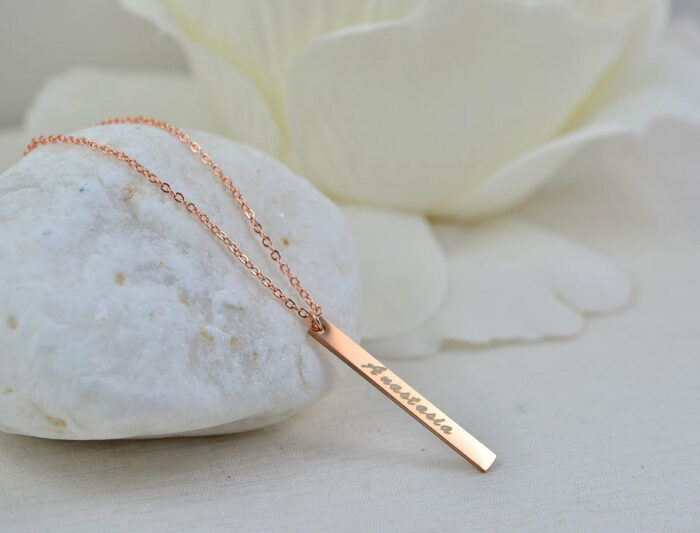 Personalised Name Bar Rosegold Necklace, Engraved Rectangle Bar Necklace, Bridesmaids Initials Charm Necklace, Customised roseglad Necklace