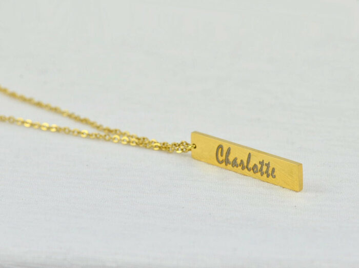 Personalised Name Gold Bar Necklace, Engraved Rectangle Name Necklace, Initials Personalised Charm Tag Necklace, Customised Gold Necklace