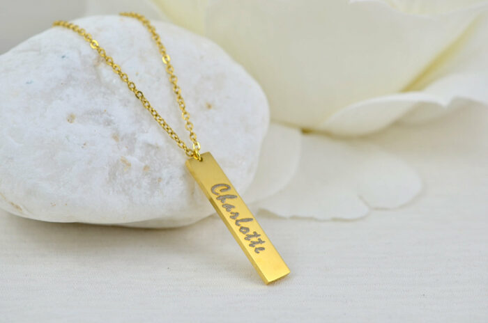 Personalised Name Gold Bar Necklace, Engraved Rectangle Name Necklace, Initials Personalised Charm Tag Necklace, Customised Gold Necklace