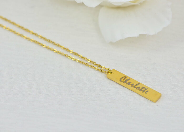 Personalised Name Gold Bar Necklace, Engraved Rectangle Name Necklace, Initials Personalised Charm Tag Necklace, Customised Gold Necklace