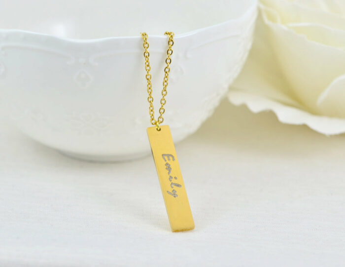 Personalised Name Gold Bar Necklace, Engraved Rectangle Name Necklace, Initials Personalised Charm Tag Necklace, Customised Gold Necklace