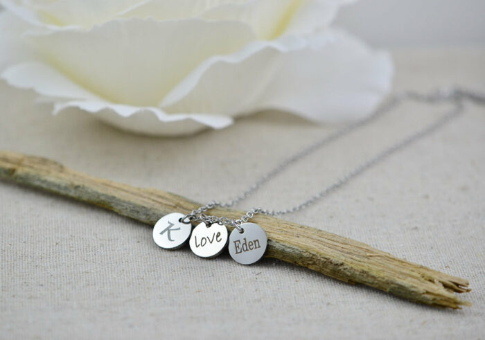 Personalised Name Necklace, Initials Engraved Custom Necklace, Silver Round Charm Necklace, Customised Bridesmaids Gift Necklace Jewellery