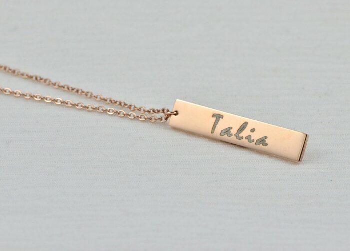 Personalised Name Rose Gold Necklace, Engraved Initials Rectangle Necklace, Name Personalised Charm Necklace, Customised Rosegold Necklace