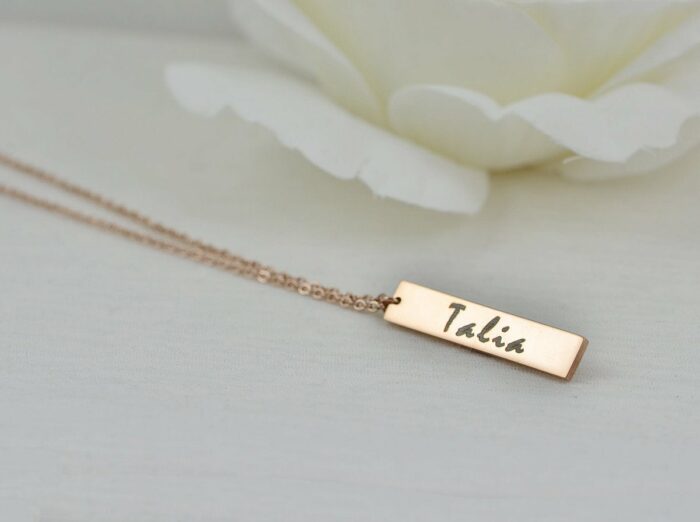 Personalised Name Rose Gold Necklace, Engraved Initials Rectangle Necklace, Name Personalised Charm Necklace, Customised Rosegold Necklace
