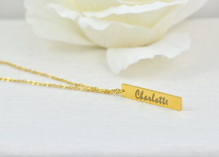 Personalised Name Rose Gold Necklace, Engraved Initials Rectangle Necklace, Name Personalised Charm Necklace, Customised Rosegold Necklace