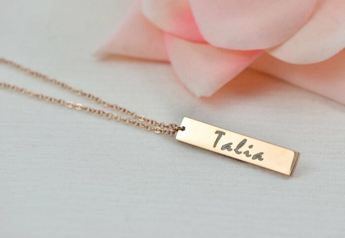 Personalised Name Rose Gold Necklace, Engraved Initials Rectangle Necklace, Name Personalised Charm Necklace, Customised Rosegold Necklace