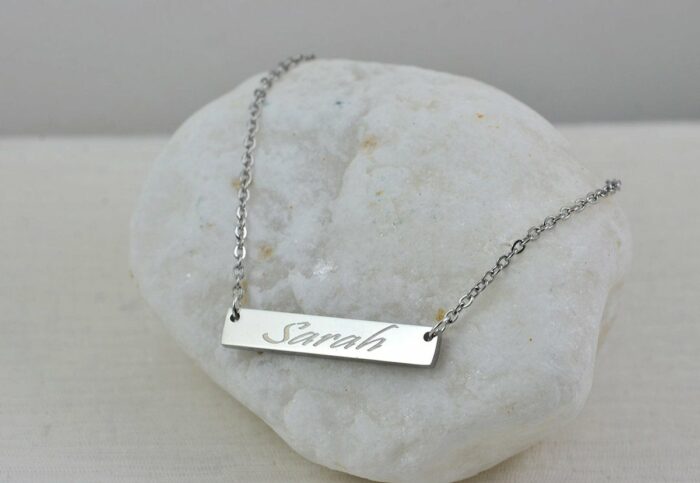 Personalised Name Silver Bar Necklace, Custom Engraved Rectangle Name Silver Necklace, Initials Charm Tag Necklace, Customised Gold Necklace