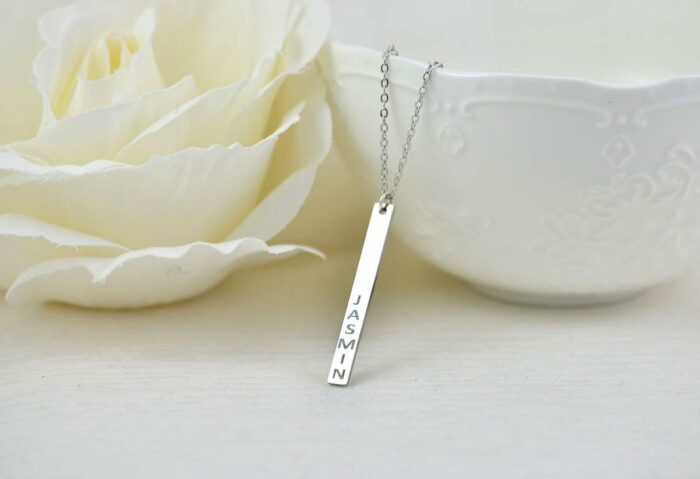 Personalised Name Silver Bar Necklace, Engraved Rectangle Bar Necklace, Initials Personalised Charm Tag Necklace, Customised Silver Necklace