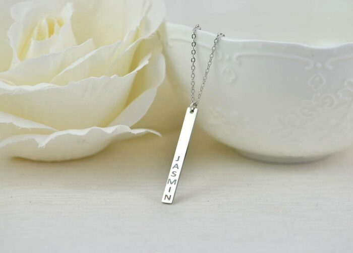Personalised Name Silver Bar Necklace, Engraved Rectangle Bar Necklace, Initials Personalised Charm Tag Necklace, Customised Silver Necklace