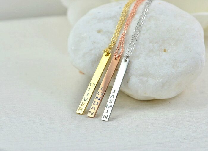 Personalised Name Silver Bar Necklace, Engraved Rectangle Bar Necklace, Initials Personalised Charm Tag Necklace, Customised Silver Necklace