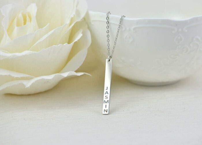 Personalised Name Silver Bar Necklace, Engraved Rectangle Bar Necklace, Initials Personalised Charm Tag Necklace, Customised Silver Necklace