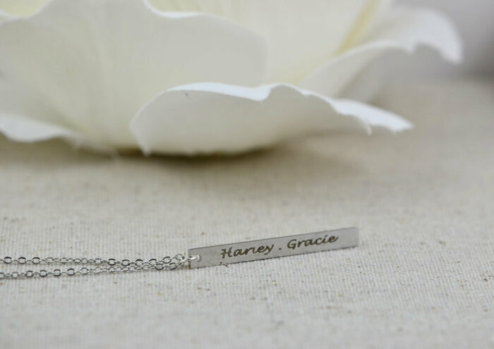 Personalised Name Silver Necklace, Engraved Rectangle Bar Necklace, Initials Personalised Charm Tag Necklace, Customised Silver Necklace