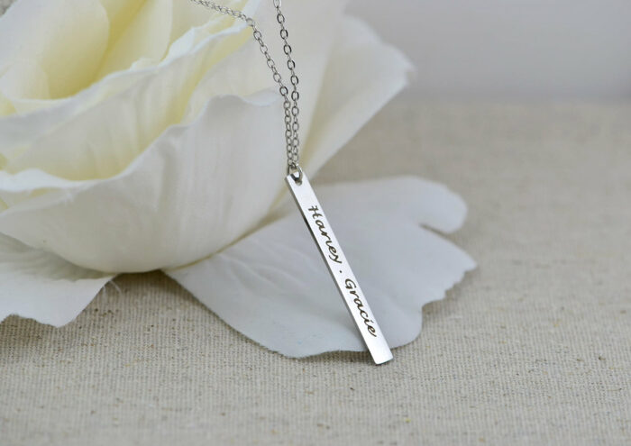 Personalised Name Silver Necklace, Engraved Rectangle Bar Necklace, Initials Personalised Charm Tag Necklace, Customised Silver Necklace