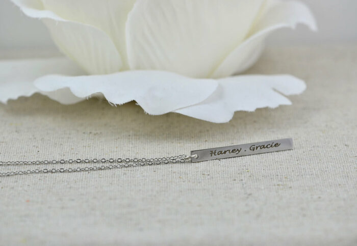 Personalised Name Silver Necklace, Engraved Rectangle Bar Necklace, Initials Personalised Charm Tag Necklace, Customised Silver Necklace