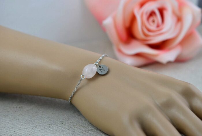 Personalised Pink Initials Bracelet Custom Jewellery, Dainty Engraved Gemstone Initial Bracelet, Letter Personalised Bridesmaids Bracelet