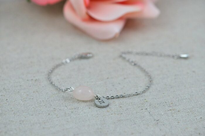 Personalised Pink Initials Bracelet Custom Jewellery, Dainty Engraved Gemstone Initial Bracelet, Letter Personalised Bridesmaids Bracelet