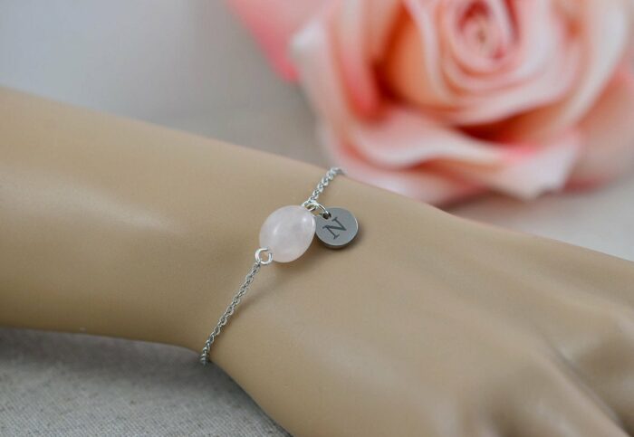 Personalised Pink Initials Bracelet Custom Jewellery, Dainty Engraved Gemstone Initial Bracelet, Letter Personalised Bridesmaids Bracelet