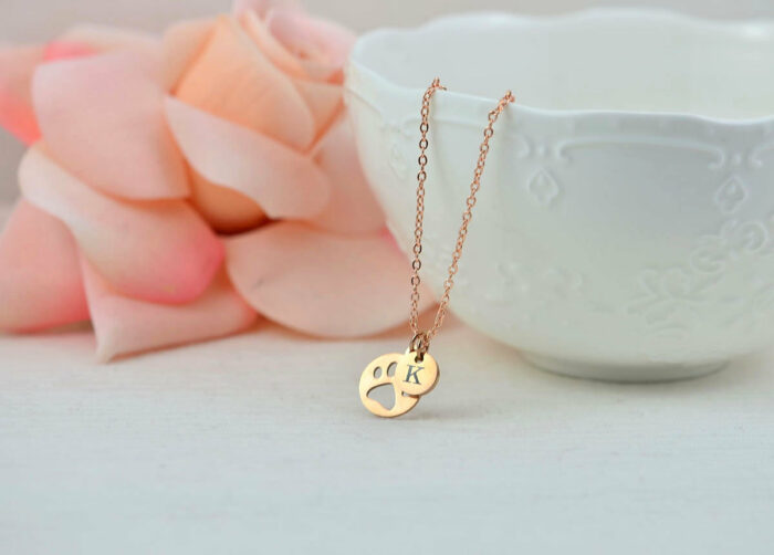 Personalised Rose Gold Paw Necklace, Dainty Dog Paw Name Charm Necklace Jewellery, Bridesmaids Wedding Engraved Initial Name Drop Necklace