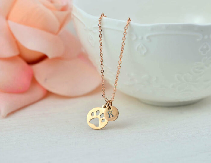 Personalised Rose Gold Paw Necklace, Dainty Dog Paw Name Charm Necklace Jewellery, Bridesmaids Wedding Engraved Initial Name Drop Necklace