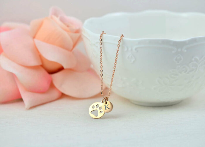 Personalised Rose Gold Paw Necklace, Dainty Dog Paw Name Charm Necklace Jewellery, Bridesmaids Wedding Engraved Initial Name Drop Necklace