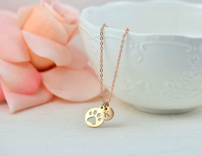 Personalised Rose Gold Paw Necklace, Dainty Dog Paw Name Charm Necklace Jewellery, Bridesmaids Wedding Engraved Initial Name Drop Necklace