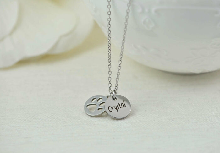 Personalised Rose Gold Paw Necklace, Dainty Dog Paw Name Charm Necklace Jewellery, Bridesmaids Wedding Engraved Initial Name Drop Necklace