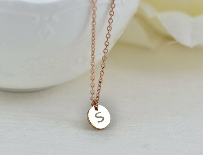 Personalised Rosegold Initial Necklace, Custom Engraved Necklace, Initial Letter Round Charm Necklace Bridesmaids Customised Silver Necklace