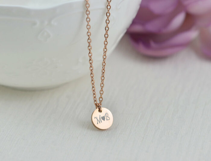 Personalised Rosegold Initial Necklace, Custom Engraved Necklace, Initial Letter Round Charm Necklace Bridesmaids Customised Silver Necklace