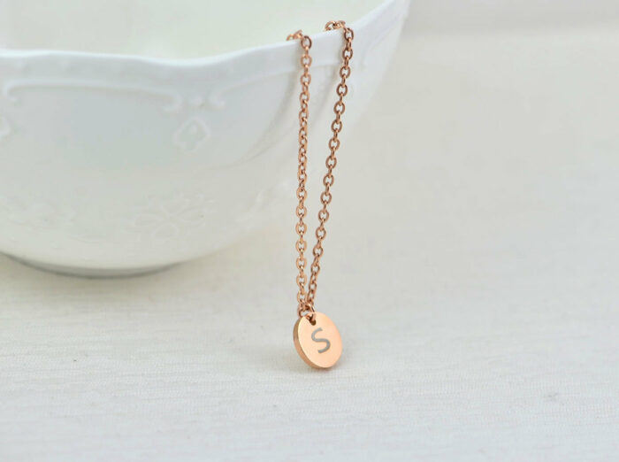 Personalised Rosegold Initial Necklace, Custom Engraved Necklace, Initial Letter Round Charm Necklace Bridesmaids Customised Silver Necklace