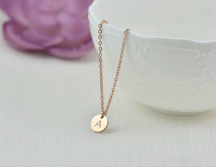 Personalised Rosegold Initial Necklace, Custom Engraved Necklace, Initial Letter Round Charm Necklace Bridesmaids Customised Silver Necklace