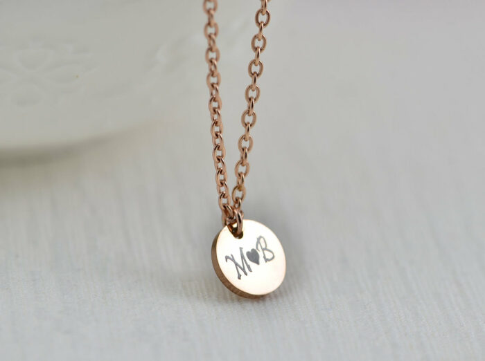 Personalised Rosegold Initial Necklace, Custom Engraved Necklace, Initial Letter Round Charm Necklace Bridesmaids Customised Silver Necklace