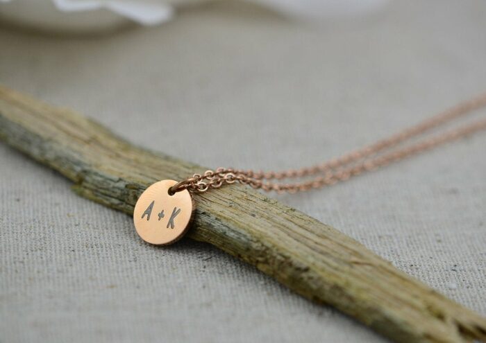 Personalised Rosegold Initials Necklace, Engraved Family Name Necklace, Personalised Round Charm Necklace, Customised Silver Necklace