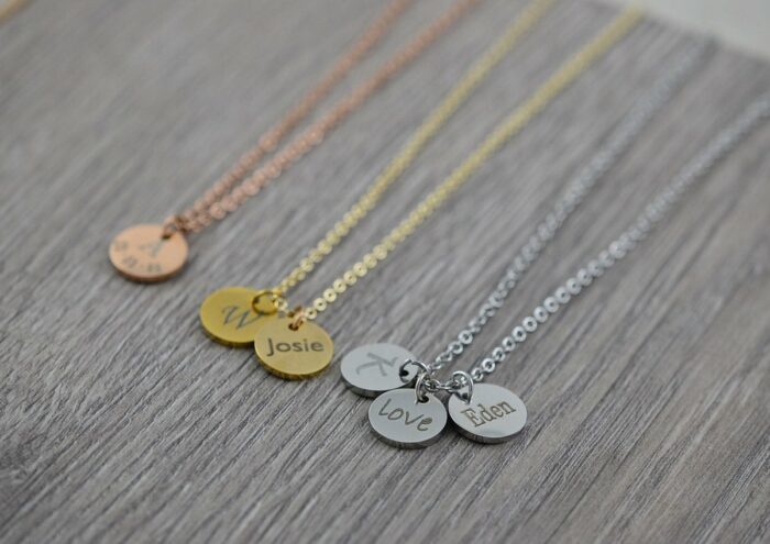 Personalised Rosegold Initials Necklace, Engraved Family Name Necklace, Personalised Round Charm Necklace, Customised Silver Necklace