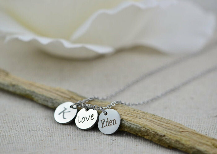 Personalised Silver Name Necklace, Initials Engraved Necklace, Name Personalised Round Charm Tag Necklace, Customised Silver Necklace