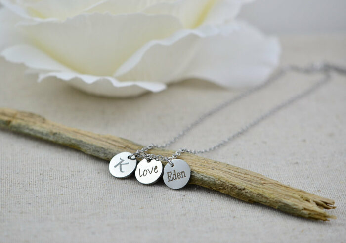 Personalised Silver Name Necklace, Initials Engraved Necklace, Name Personalised Round Charm Tag Necklace, Customised Silver Necklace