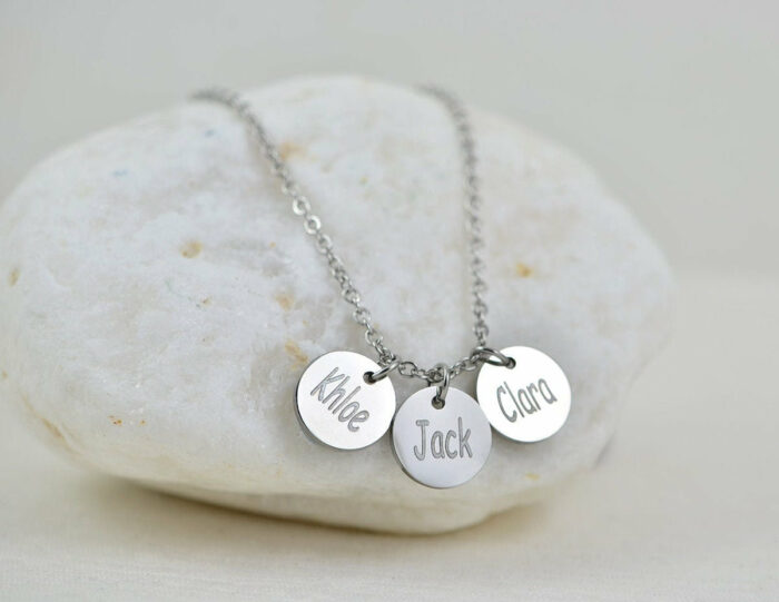 Personalised Silver Name Necklace, Initials Engraved Necklace, Name Personalised Round Charm Tag Necklace, Customised Silver Necklace