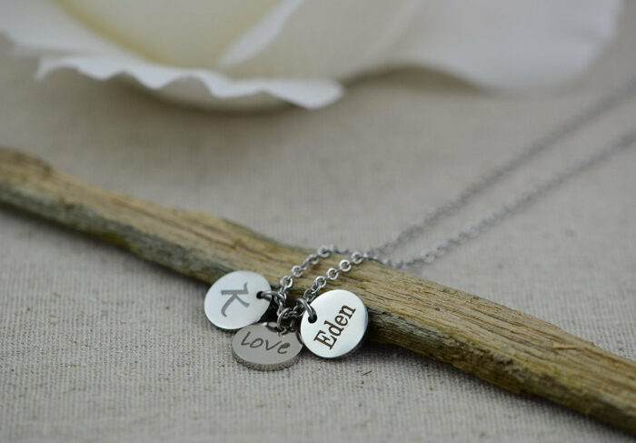 Personalised Silver Name Necklace, Initials Engraved Necklace, Name Personalised Round Charm Tag Necklace, Customised Silver Necklace