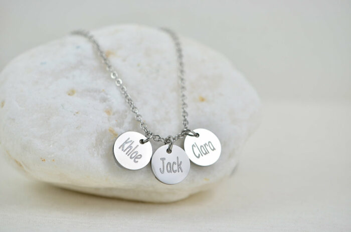 Personalised Silver Name Necklace, Initials Engraved Necklace, Name Personalised Round Charm Tag Necklace, Customised Silver Necklace