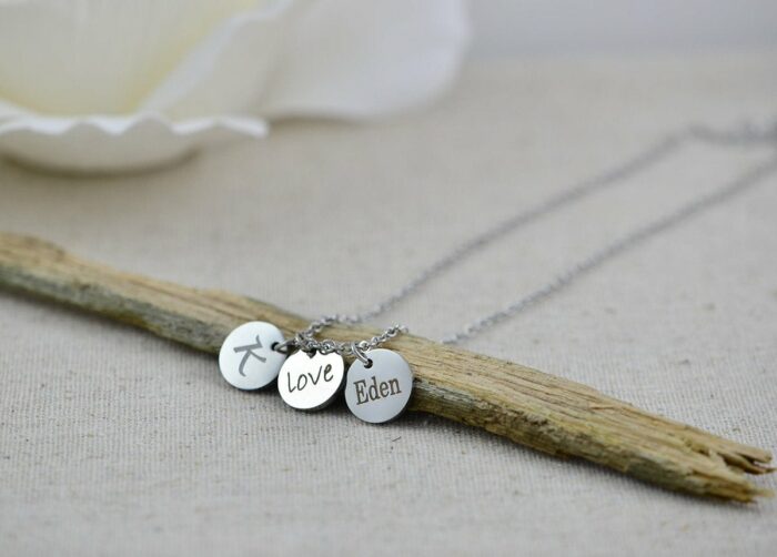 Personalised Silver Name Necklace, Initials Engraved Necklace, Name Personalised Round Charm Tag Necklace, Customised Silver Necklace